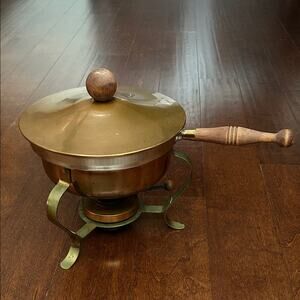 Vintage Brass Chafing Set, Copper with a Wooden Handle, Mid Century Modern